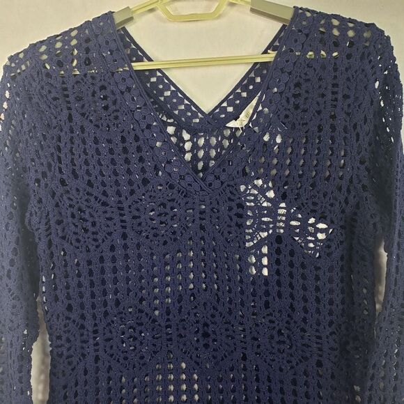 La Blanca Crochet Swim Cover Up Womens Medium Indigo Tunic Dress V Neck LB3ZW57 - Picture 4 of 12